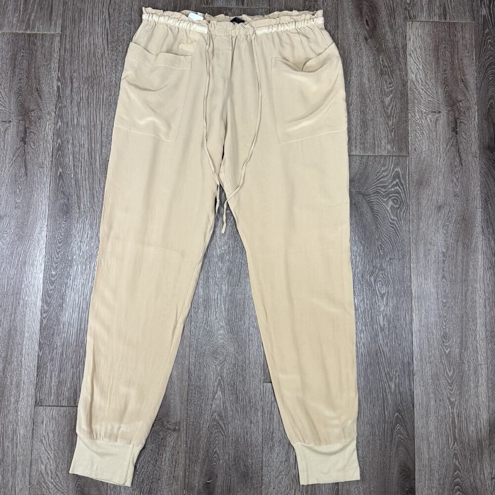 Pinko Women’s Tan 100% Silk Size 8 Ankle Jogger Pull On Pants Luxury Drawstring